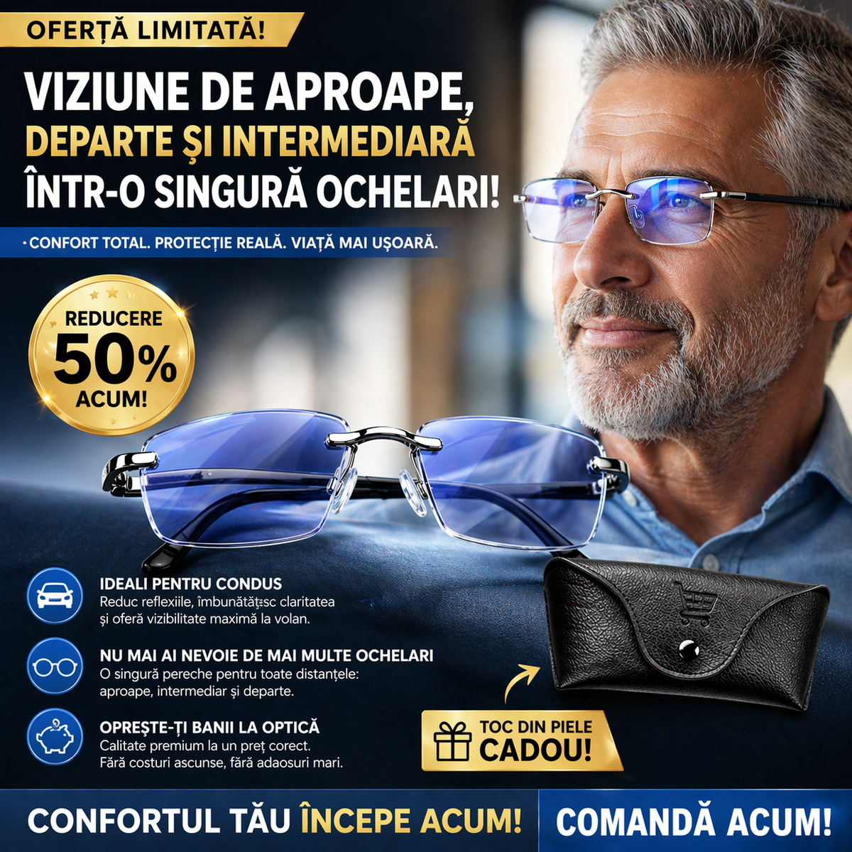 Ochelari Progresivi Inteligenți Ray™ (Vedere clară la apropiere, distanță medie și distanță, totul într-o singură pereche) Fără dioptrii | Toc din piele inclus | 30 de zile testare fără risc