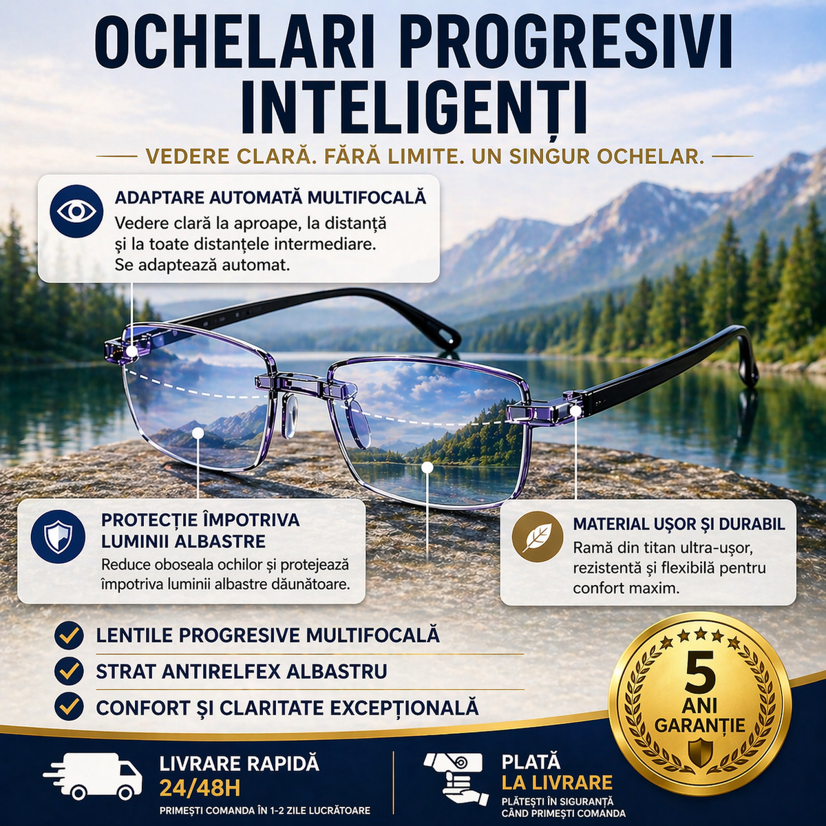 Ochelari Progresivi Inteligenți Ray™ (Vedere clară la apropiere, distanță medie și distanță, totul într-o singură pereche) Fără dioptrii | Toc din piele inclus | 30 de zile testare fără risc