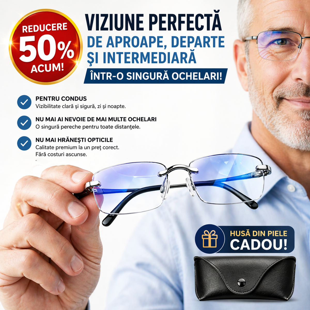 Ochelari Progresivi Inteligenți Ray™ (Vedere clară la apropiere, distanță medie și distanță, totul într-o singură pereche) Fără dioptrii | Toc din piele inclus | 30 de zile testare fără risc