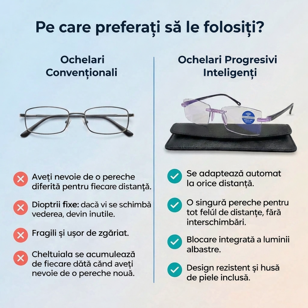 Ochelari Progresivi Inteligenți Ray™ (Vedere clară la apropiere, distanță medie și distanță, totul într-o singură pereche) Fără dioptrii | Toc din piele inclus | 30 de zile testare fără risc